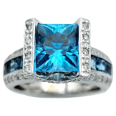 Pre-owned Bellarri Princess Cut Blue Topaz Cocktail Ring With Diamonds 18 Karat White Gold