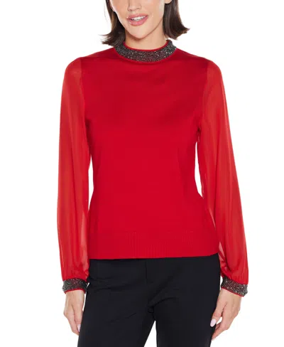 Belldini Â Women's Black Label Rhinestone-zip Cardigan Sweater In Red