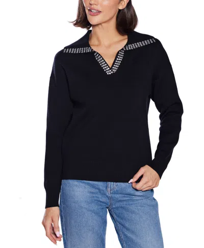 Belldini Â Women's Rhinestone-trimmed Split-neck Sweater In Black