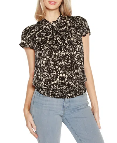 Belldini Black Label Embellished Printed Cap-sleeve Blouse In Black,white
