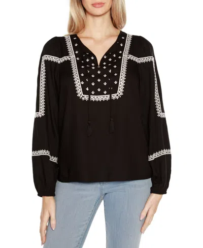 Belldini Black Label Embroidered Blouson Tie Neck Top In Blk,wht