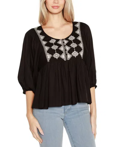 Belldini Black Label Embroidered Boho Fit-and-flare Top In Blk,wht