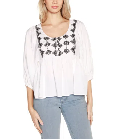 Belldini Black Label Embroidered Boho Fit-and-flare Top In Wht,blk