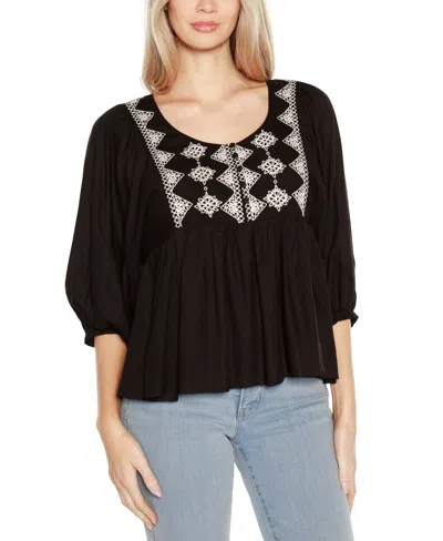Belldini Black Label Embroidered Boho Fit-and-flare Top In Black,white