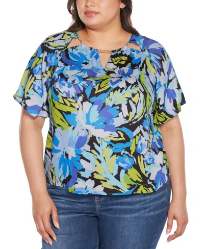 Belldini Black Label Plus Size Abstract Floral Cutout Detail Top In Blue Combo