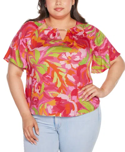 Belldini Black Label Plus Size Abstract Floral Cutout Detail Top In Pink Combo