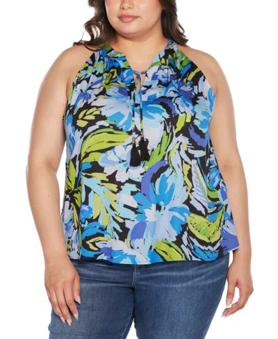 Belldini Black Label Plus Size Abstract Floral Tie-neck Sleeveless Top In Blue Combo