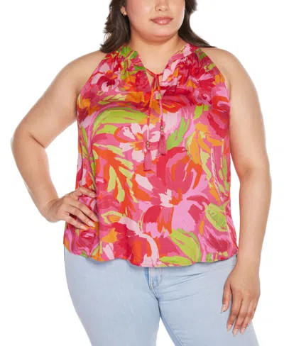 Belldini Black Label Plus Size Abstract Floral Tie-neck Sleeveless Top In Pink Combo