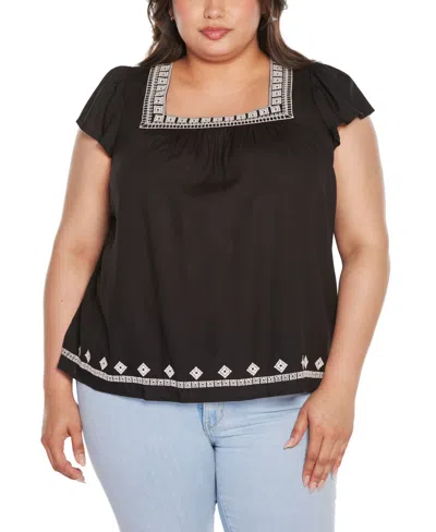 Belldini Black Label Plus Size Boho Embroidered Square Neck Top