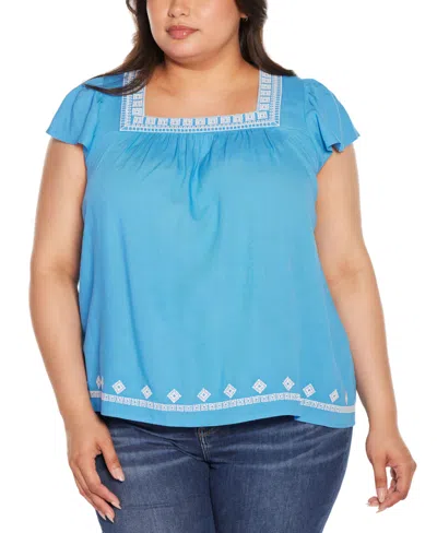 Belldini Black Label Plus Size Boho Embroidered Square Neck Top In Blue Moon,white