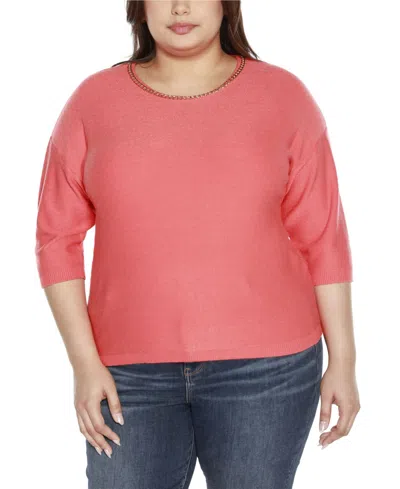 Belldini Black Label Plus Size Chain Detail 3/4-sleeve Sweater In Coral Crush