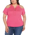 Belldini Black Label Plus Size Cold-shoulder Grommet Trim Knit Top In Petal Pink