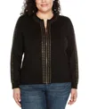 Belldini Black Label Plus Size Crewneck Embellished Zip Cardigan Sweater In Black,gold