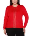 Belldini Black Label Plus Size Crewneck Embellished Zip Cardigan Sweater In Red