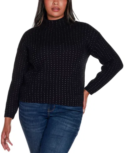 Belldini Black Label Plus Size Embellished Mock Neck Ribbed Sweater In Black,gold