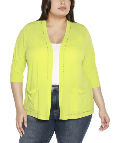 Belldini Black Label Plus Size Embellished Open-front Knit Cardigan Sweater In Key Lime