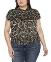 Belldini Black Label Plus Size Embellished Printed Cap-sleeve Blouse In Black