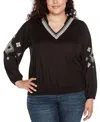 Belldini Black Label Plus Size Embroidered Blouson Sleeve V-neck Blouse In Black