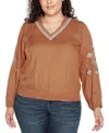 Belldini Black Label Plus Size Embroidered Blouson Sleeve V-neck Blouse In Iced Latte