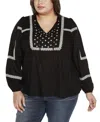 Belldini Black Label Plus Size Embroidered Blouson Tie Neck Top In Black