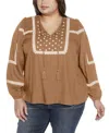 Belldini Black Label Plus Size Embroidered Blouson Tie Neck Top In Iced Latte