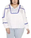 Belldini Black Label Plus Size Embroidered Blouson Tie Neck Top In White