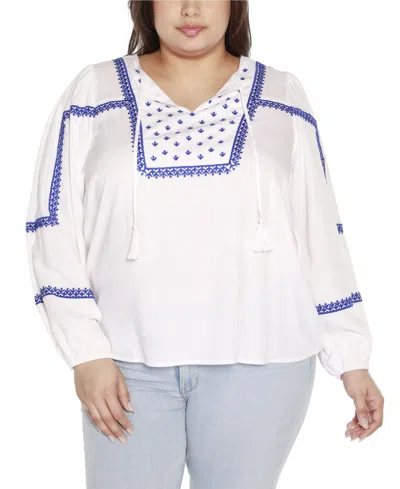 Belldini Black Label Plus Size Embroidered Blouson Tie Neck Top In White