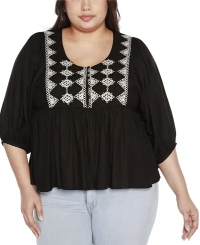 Belldini Black Label Plus Size Embroidered Boho Fit And Flare Top