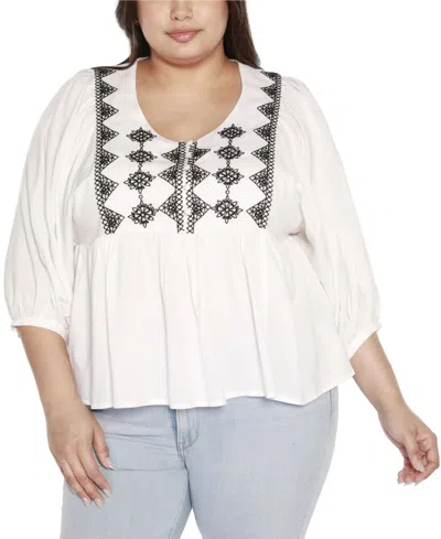 Belldini Black Label Plus Size Embroidered Boho Fit And Flare Top In White