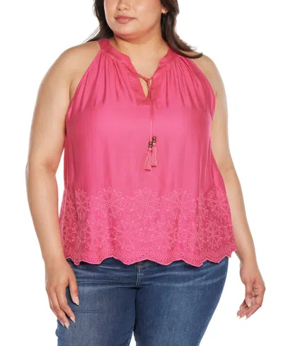 Belldini Black Label Plus Size Embroidered Hem Sleeveless Top In Petal Pink