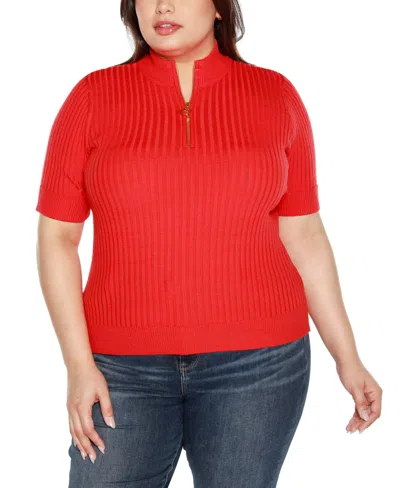 Belldini Black Label Plus Size Mock Neck Zip Front Ribbed Short Sleeve Sweater In Blood Orange