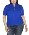 Belldini Black Label Plus Size Mock Neck Zip Front Ribbed Short Sleeve Sweater In Cobalt