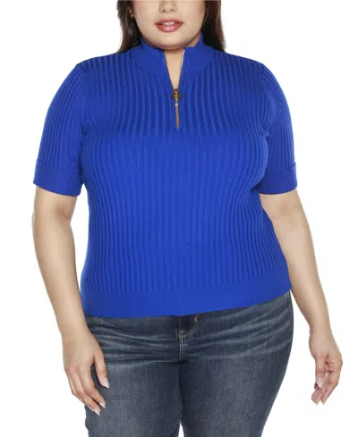 Belldini Black Label Plus Size Mock Neck Zip Front Ribbed Short Sleeve Sweater In Cobalt