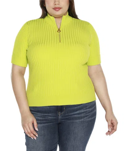 Belldini Black Label Plus Size Mock Neck Zip Front Ribbed Short Sleeve Sweater In Key Lime
