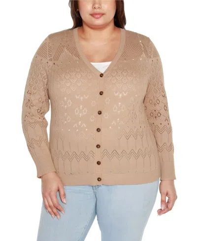 Belldini Black Label Plus Size Pointelle Button Front Cardigan Sweater In Toasted Coconut