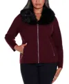 Belldini Black Label Plus Size Polyester Collar Short Zip Cardigan Sweater In Black Cherry,pewter
