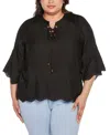 Belldini Black Label Plus Size Raglan 3/4-sleeve Embroidered Top In Black