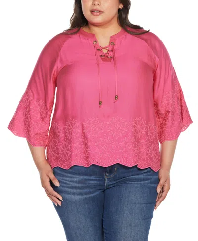 Belldini Black Label Plus Size Raglan 3/4-sleeve Embroidered Top In Petal Pink