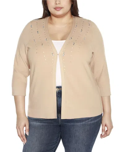 Belldini Black Label Plus Size Rhinestone Embellished Open-front Cardigan Sweater In Toasted Coconut