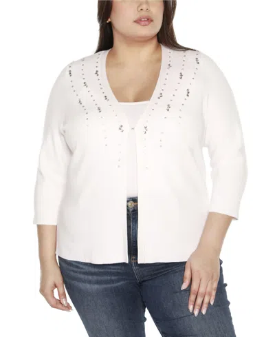 Belldini Black Label Plus Size Rhinestone Embellished Open-front Cardigan Sweater In White
