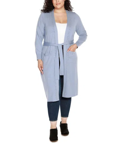 Belldini Black Label Plus Size Rhinestone-trim Belted Duster Cardigan Sweater In Chambray