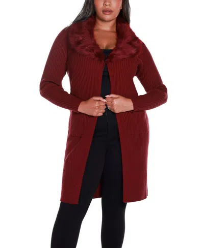 Belldini Black Label Plus Size Ribbed Collar Duster Cardigan Sweater In Cranberry