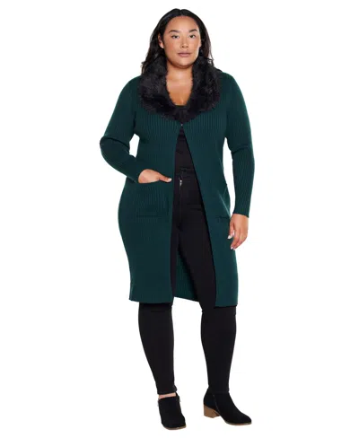 Belldini Black Label Plus Size Ribbed Collar Duster Cardigan Sweater In Blue