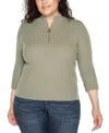 Belldini Black Label Plus Size Ribbed Quarter-zip Sweater In Sage