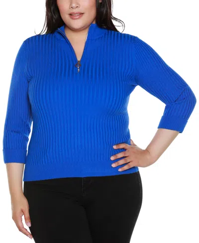 Belldini Black Label Plus Size Ribbed Quarter-zip Sweater In Blue
