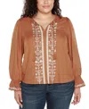 Belldini Black Label Plus Size Tie-neck Embroidered-front Blouse In Iced Latte