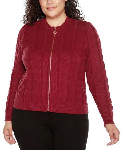 Belldini Black Label Plus Size Zip Cable Sweater In Cranberry