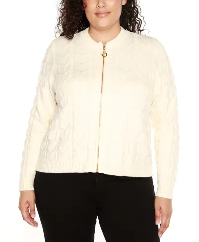 Belldini Black Label Plus Size Zip Cable Sweater In Ecru