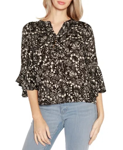 Belldini Black Label Printed Ruffle Sleeve Top In Black,white