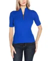 Belldini Black Label Plus Size Mock Neck Zip Front Ribbed Short Sleeve Sweater In Cobalt